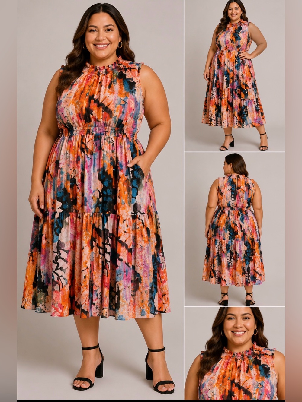 torrid Multicolor Abstract Sleeveless Midi Dress in Orange, Pink, Blue and Black
